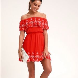 Lulu's Embroidered Layla Red Ruffle Skater Dress